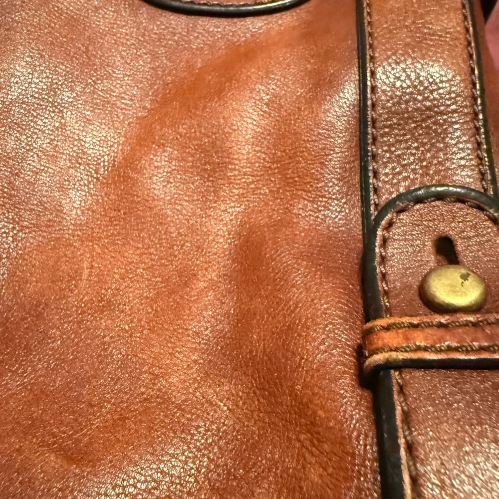 Vintage Fossil Keyhole Cognac Full Grain Leather Tote Y2K Zip Shoulder Bag 14x11
